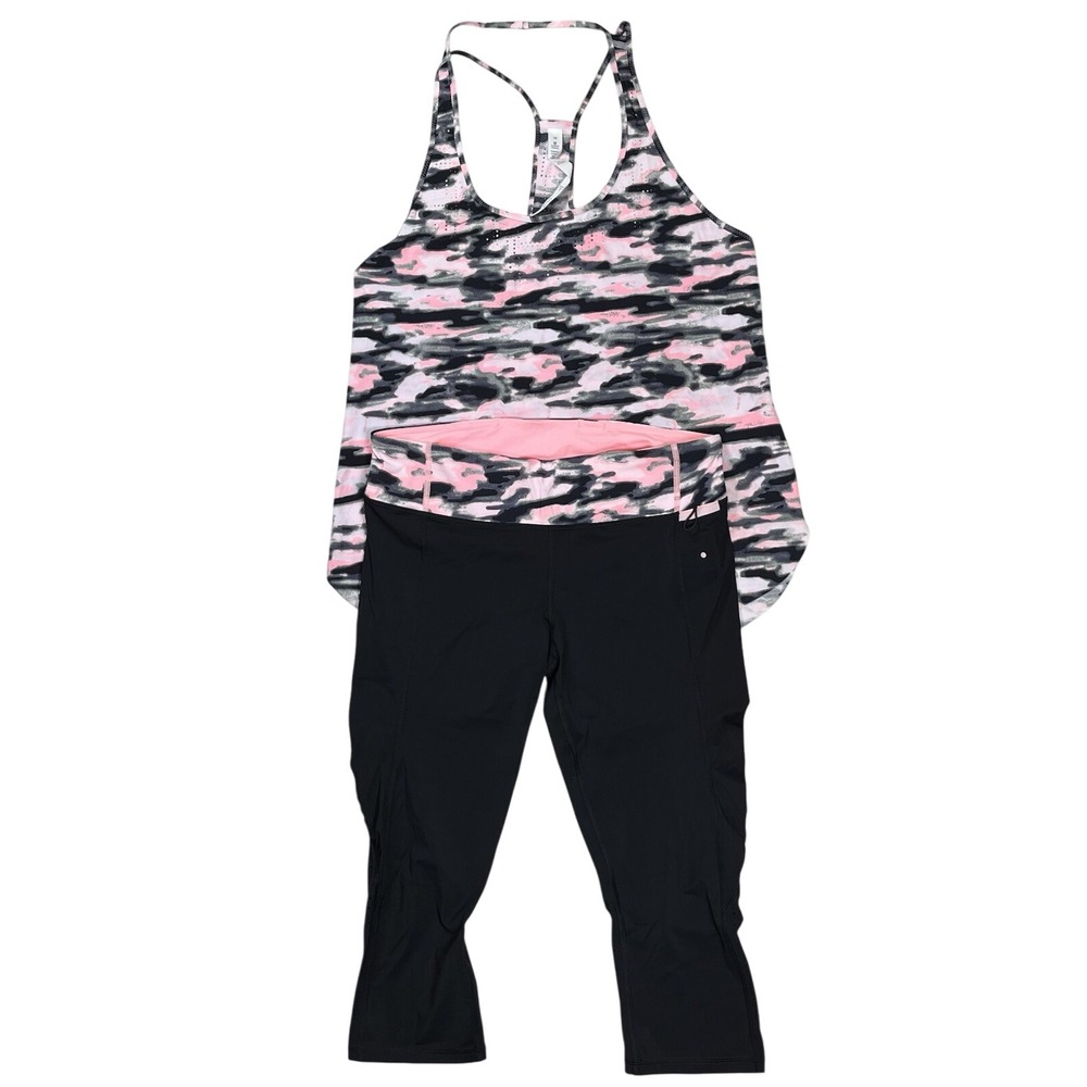 Lululemon 2-Piece Set Water Bound Singlet Tank & Crop Pants Wamo Camo Pink Black